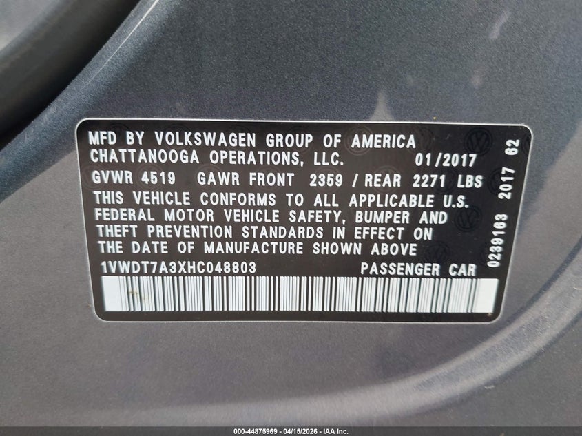 2017 Volkswagen Passat 1.8T R-Line VIN: 1VWDT7A3XHC048803 Lot: 44875969