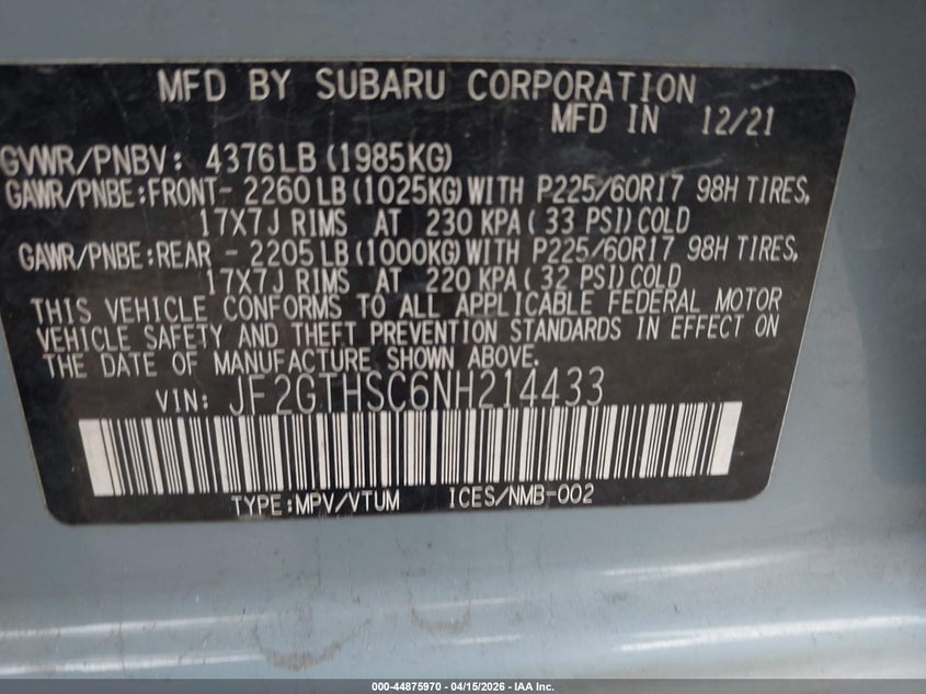 2022 Subaru Crosstrek Sport VIN: JF2GTHSC6NH214433 Lot: 44875970