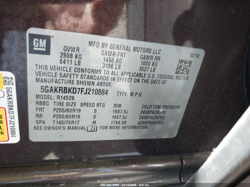 2015 Buick Enclave Leather VIN: 5GAKRBKD7FJ210884 Lot: 44875999