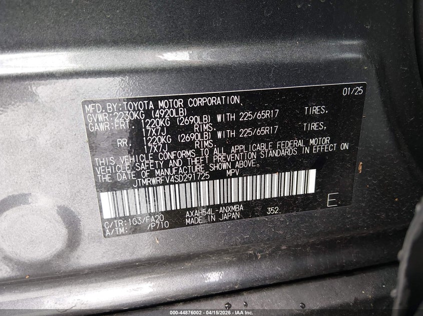 2025 Toyota Rav4 Hybrid Xle VIN: JTMRWRFV4SD291725 Lot: 44876002