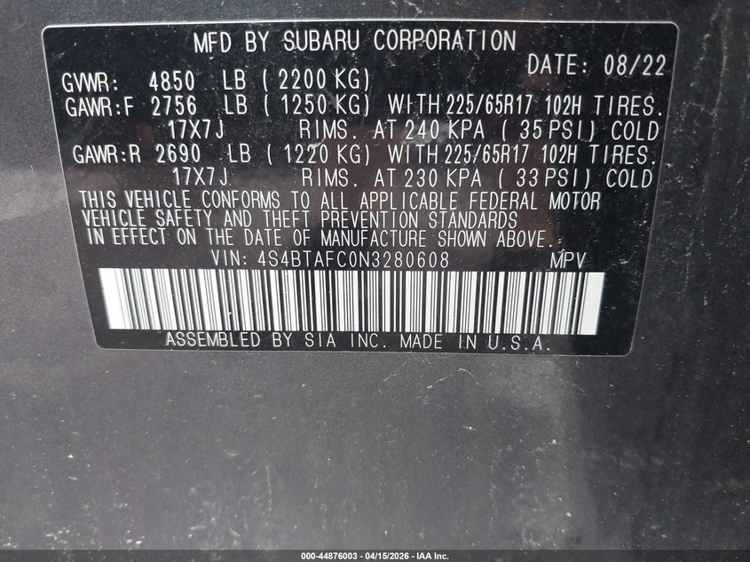 2022 Subaru Outback Premium VIN: 4S4BTAFC0N3280608 Lot: 44876003