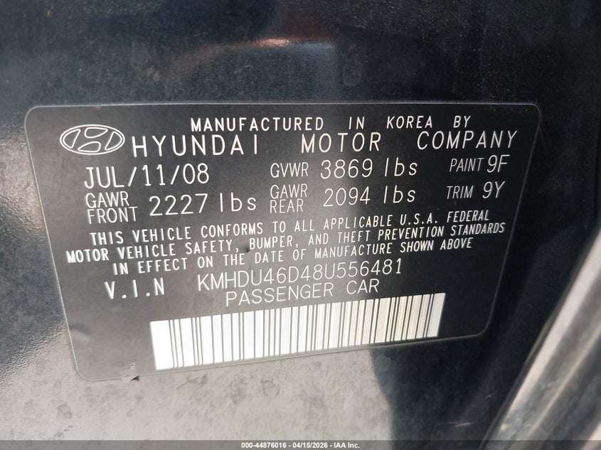 2008 Hyundai Elantra Gls/Se VIN: KMHDU46D48U556481 Lot: 44876016
