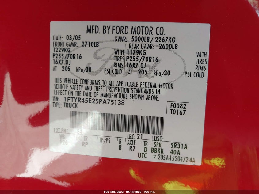 2005 Ford Ranger Edge/Fx4 Level Ii/Fx4 Off-Road/Xlt VIN: 1FTYR45E25PA75138 Lot: 44876022