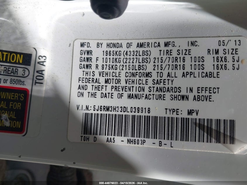 2013 Honda Cr-V Lx VIN: 5J6RM3H33DL039918 Lot: 44876023