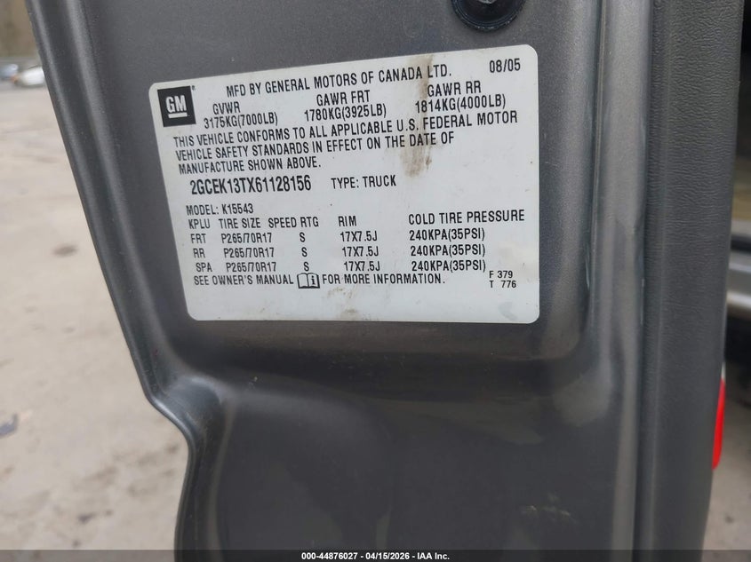 2006 Chevrolet Silverado 1500 Lt1 VIN: 2GCEK13TX61128156 Lot: 44876027