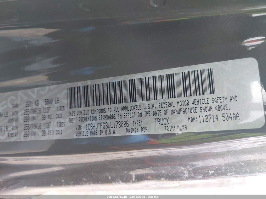 2020 Jeep Gladiator Overland 4X4 VIN: 1C6HJTFG3LL173026 Lot: 44876038
