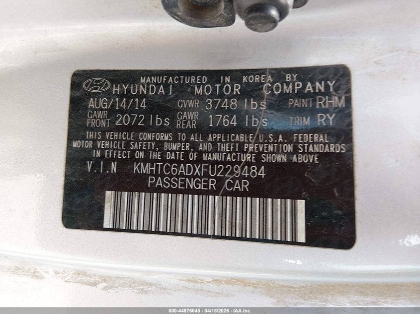2015 Hyundai Veloster VIN: KMHTC6ADXFU229484 Lot: 44876045
