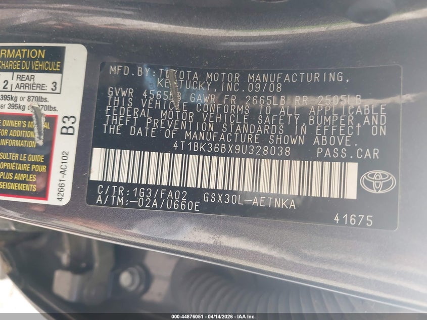 2009 Toyota Avalon Xl VIN: 4T1BK36BX9U328038 Lot: 44876051