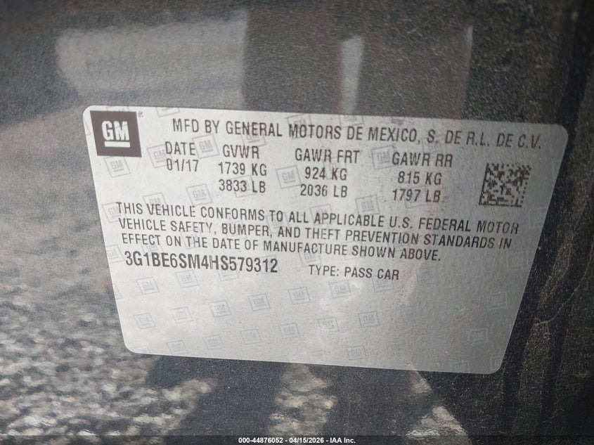 2017 Chevrolet Cruze Lt Auto VIN: 3G1BE6SM4HS579312 Lot: 44876052