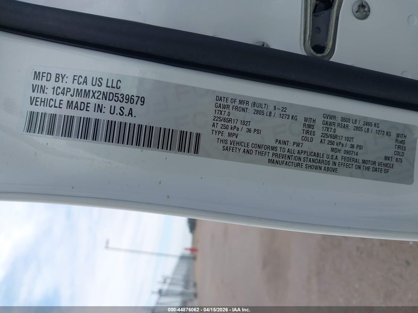 2022 Jeep Cherokee Latitude Lux 4X4 VIN: 1C4PJMMX2ND539679 Lot: 44876062