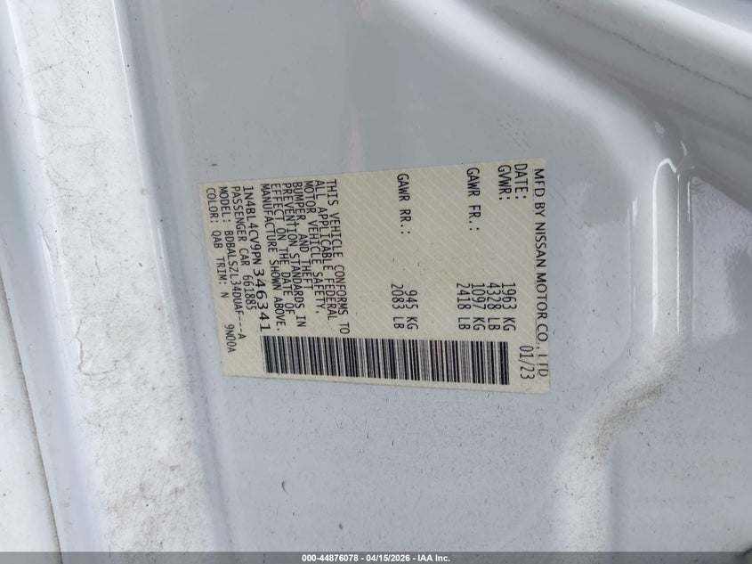 2023 Nissan Altima Sr Fwd VIN: 1N4BL4CV9PN346341 Lot: 44876078