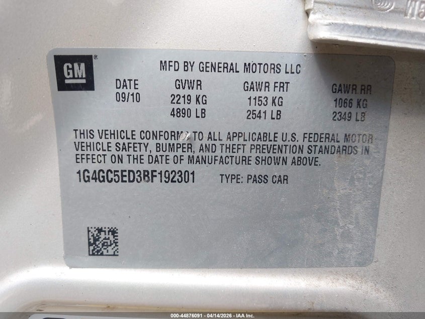 2011 Buick Lacrosse Cxl VIN: 1G4GC5ED3BF192301 Lot: 44876091