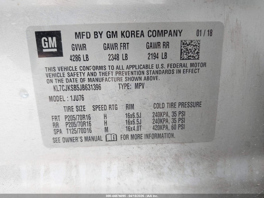 2018 Chevrolet Trax Ls VIN: KL7CJKSB5JB631396 Lot: 44876095