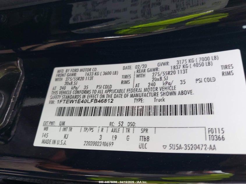 2020 Ford F-150 King Ranch VIN: 1FTEW1E40LFB46812 Lot: 44876098