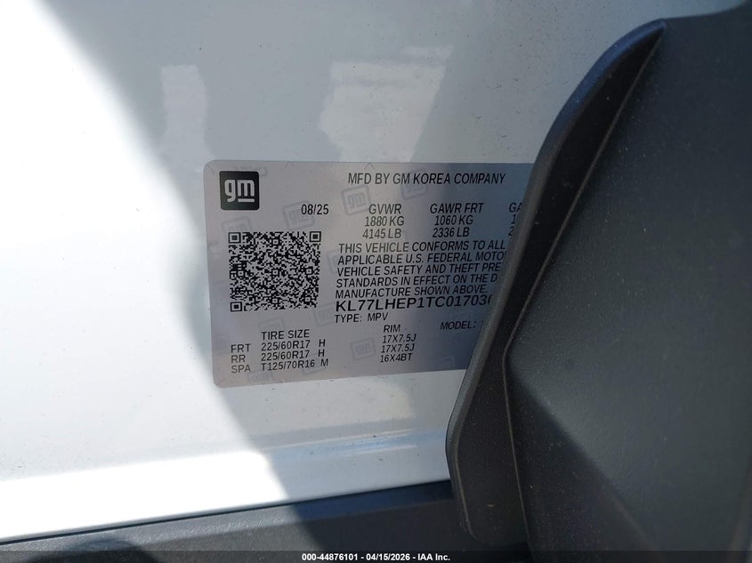 2026 Chevrolet Trax Fwd Lt VIN: KL77LHEP1TC017030 Lot: 44876101