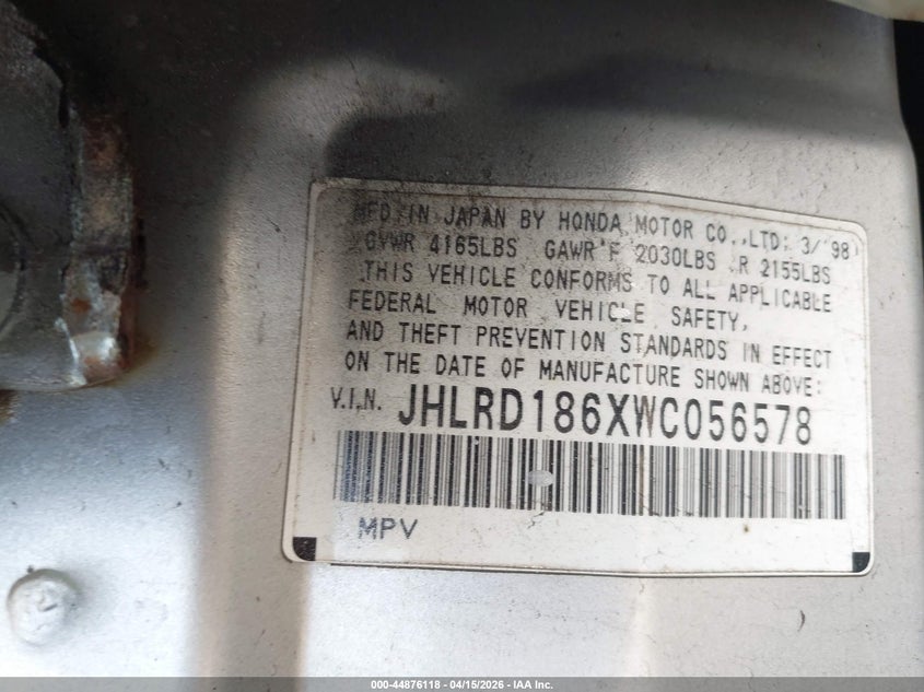1998 Honda Cr-V Ex VIN: JHLRD186XWC056578 Lot: 44876118