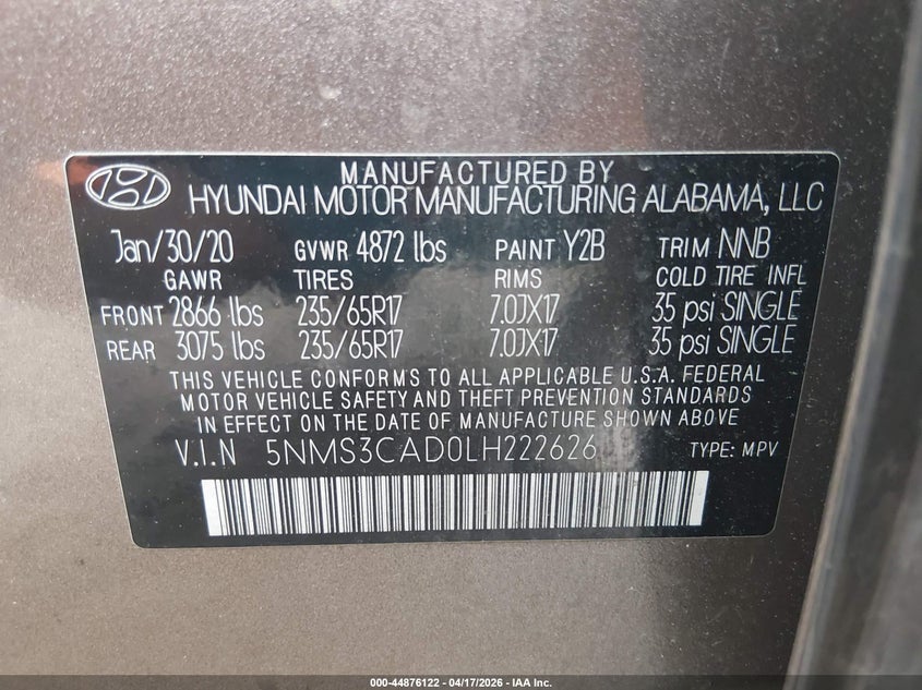 VIN 5NMS3CAD0LH222626 2020 HYUNDAI SANTA FE SEL