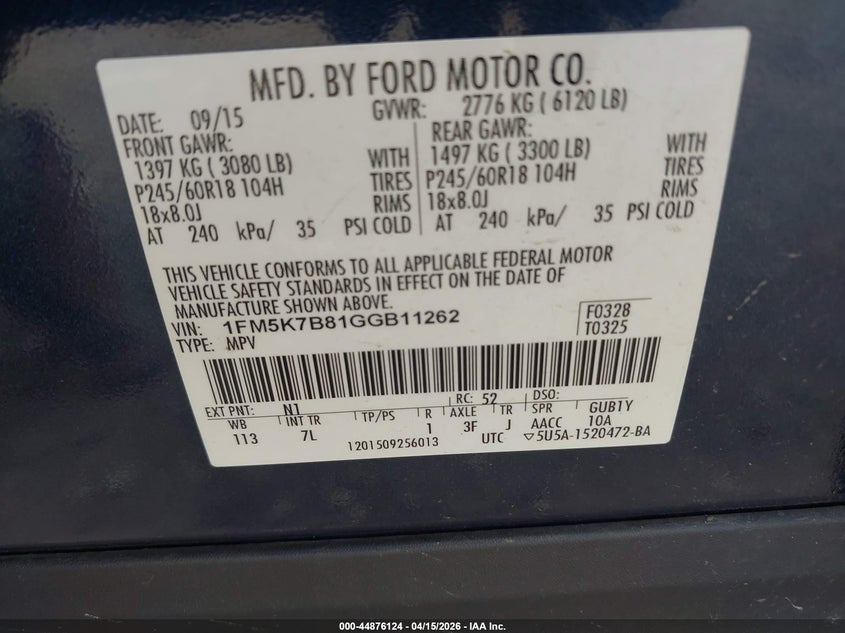 2016 Ford Explorer VIN: 1FM5K7B81GGB11262 Lot: 44876124