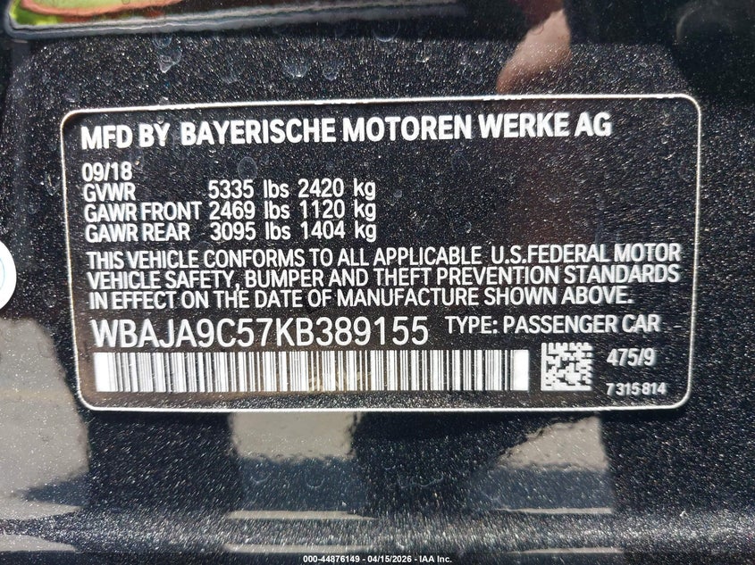 2019 BMW 530E Iperformance VIN: WBAJA9C57KB389155 Lot: 44876149