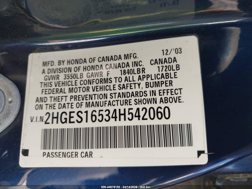 2004 Honda Civic Lx VIN: 2HGES16534H542060 Lot: 44876150