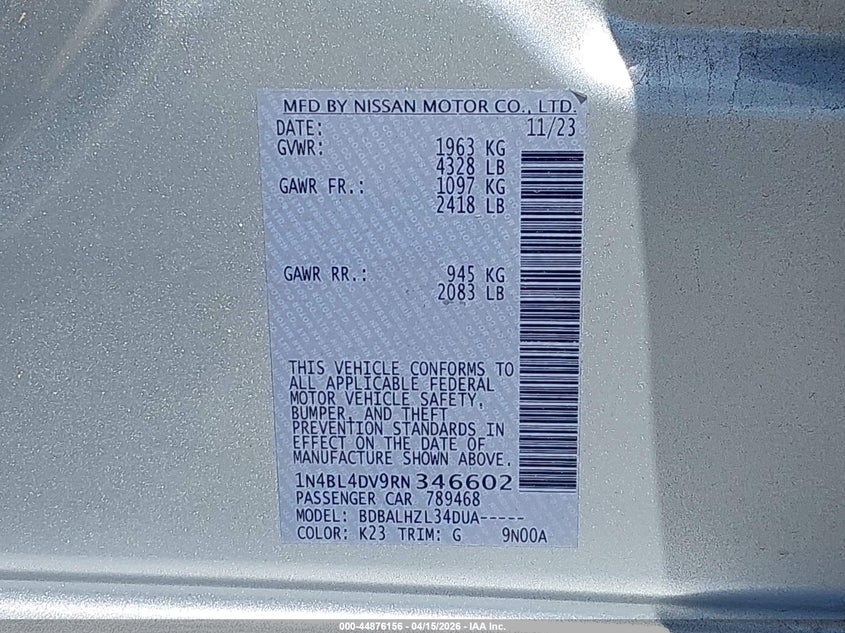 2024 Nissan Altima Sv Fwd VIN: 1N4BL4DV9RN346602 Lot: 44876156