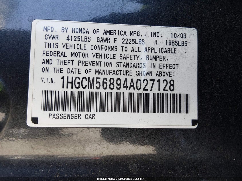 2004 Honda Accord 2.4 Ex VIN: 1HGCM56894A027128 Lot: 44876157