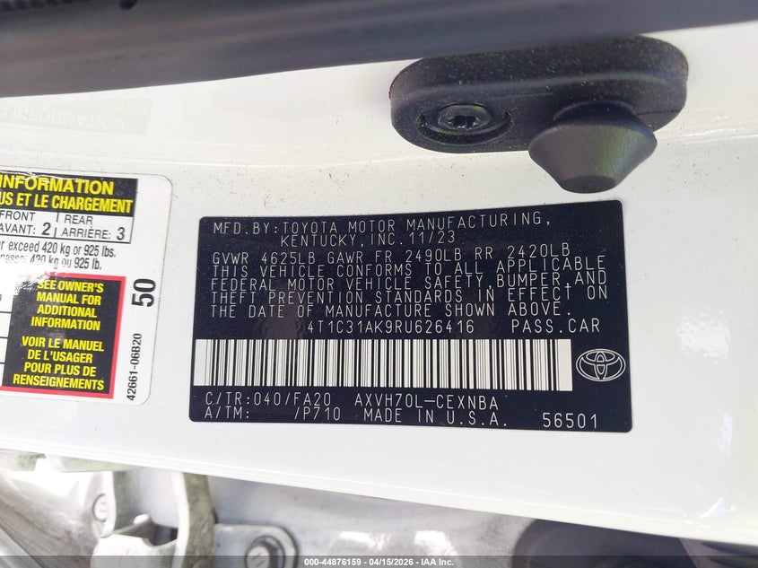 2024 Toyota Camry Hybrid Le VIN: 4T1C31AK9RU626416 Lot: 44876159