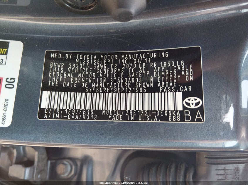 2014 Toyota Corolla Le VIN: 5YFBURHE9EP121995 Lot: 44876165