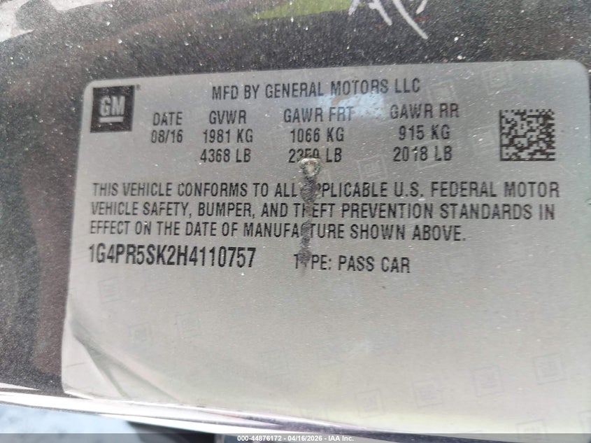 2017 BUICK VERANO SEDAN 2.4L I-4 DI, DOHC, VVT, 180HP
