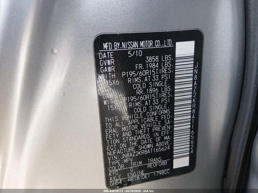 2010 Nissan Cube 1.8S VIN: JN8AZ2KR8AT165624 Lot: 44876173