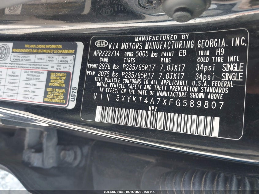 2015 Kia Sorento Lx V6 VIN: 5XYKT4A7XFG589807 Lot: 44876186