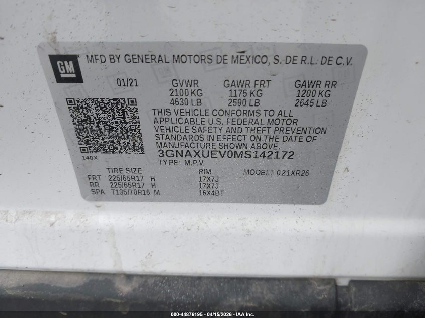 2021 Chevrolet Equinox Awd Lt VIN: 3GNAXUEV0MS142172 Lot: 44876195