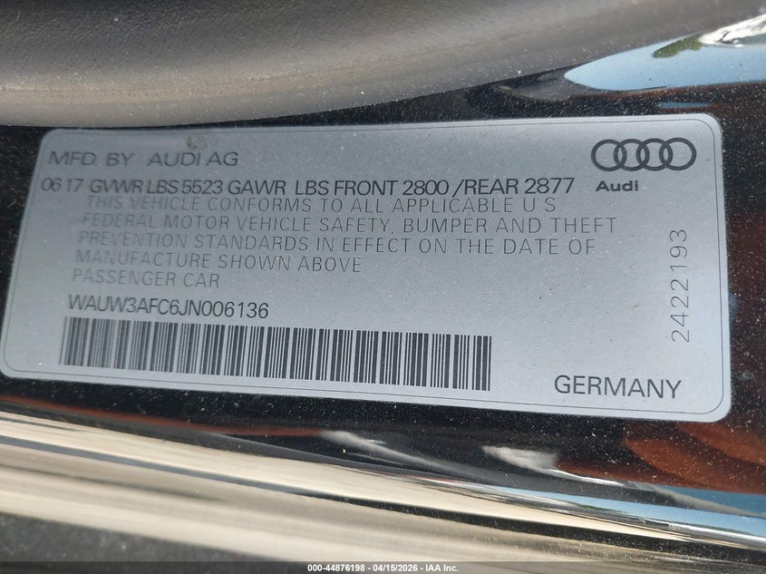 2018 Audi A7 3.0T Premium Plus VIN: WAUW3AFC6JN006136 Lot: 44876198