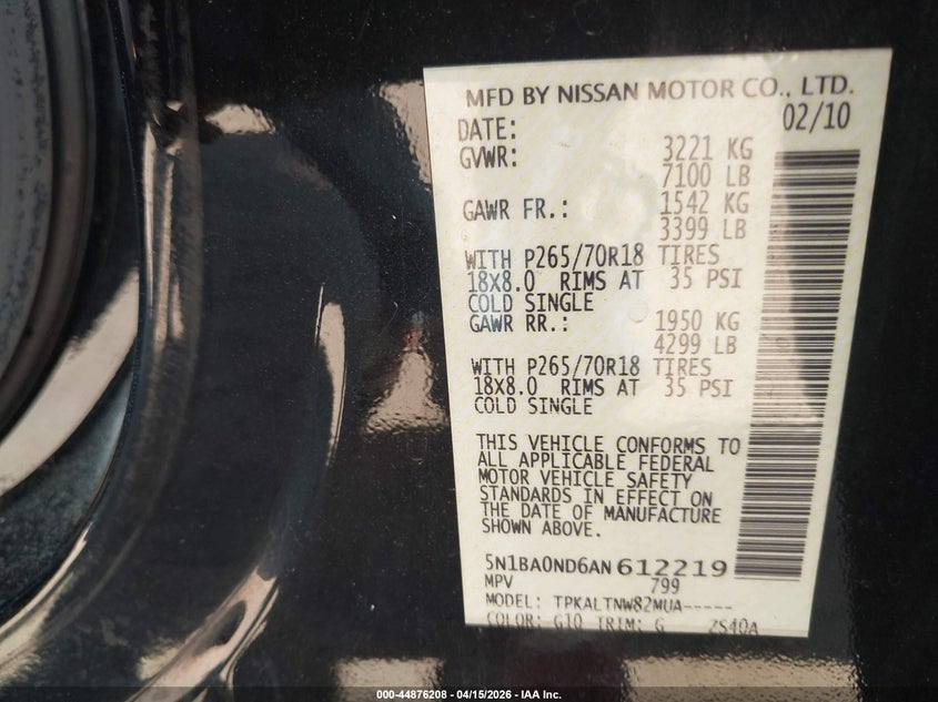 2010 Nissan Armada Se VIN: 5N1BA0ND6AN612219 Lot: 44876208