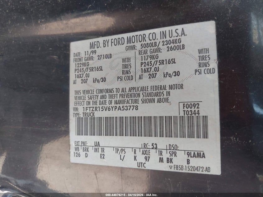 2000 Ford Ranger Xl/Xlt VIN: 1FTZR15V6YPA53778 Lot: 44876215