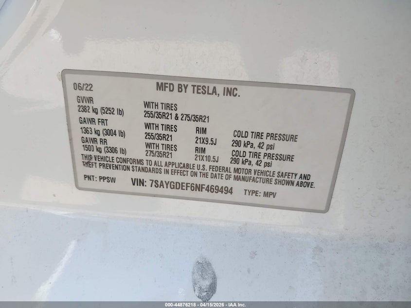 2022 Tesla Model Y Performance Dual Motor All-Wheel Drive VIN: 7SAYGDEF6NF469494 Lot: 44876218