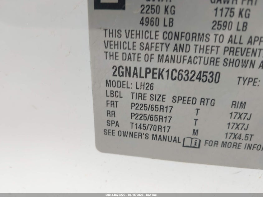 2012 Chevrolet Equinox 2Lt VIN: 2GNALPEK1C6324530 Lot: 44876220