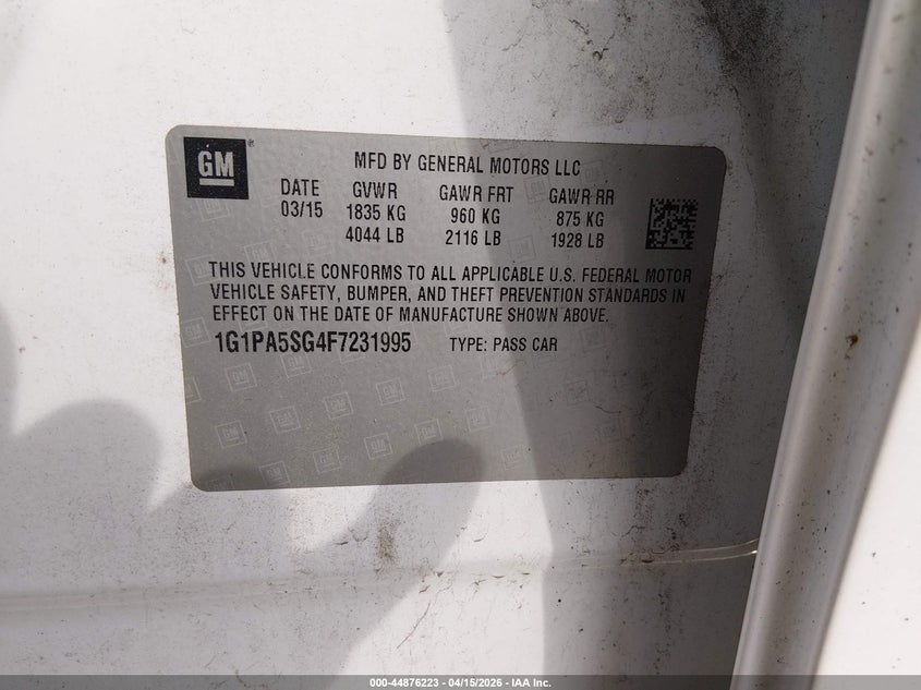 2015 Chevrolet Cruze Ls Auto VIN: 1G1PA5SG4F7231995 Lot: 44876223