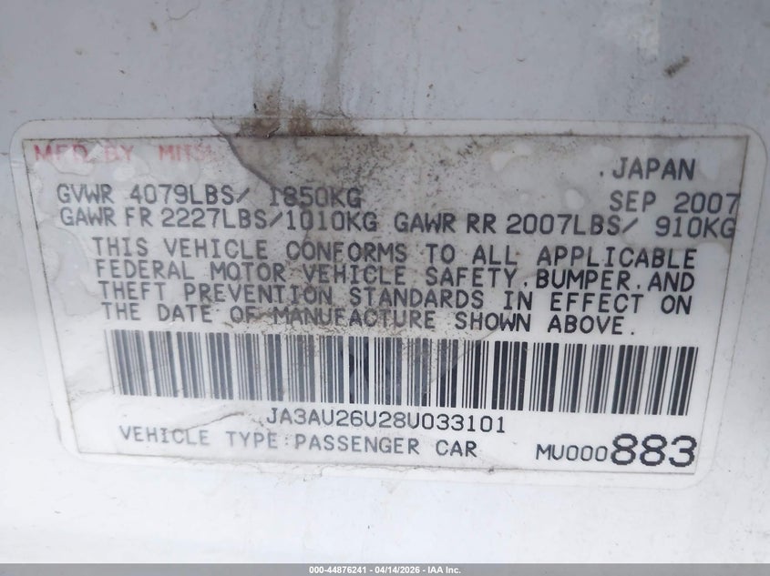 2008 Mitsubishi Lancer De/Es VIN: JA3AU26U28U033101 Lot: 44876241