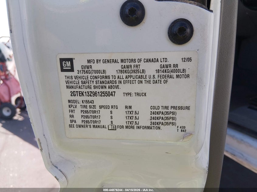 2006 GMC Sierra 1500 Slt VIN: 2GTEK13Z961255047 Lot: 44876244