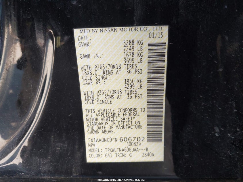 2015 Nissan Armada Platinum/Sl/Sv VIN: 5N1AA0NC9FN606702 Lot: 44876245