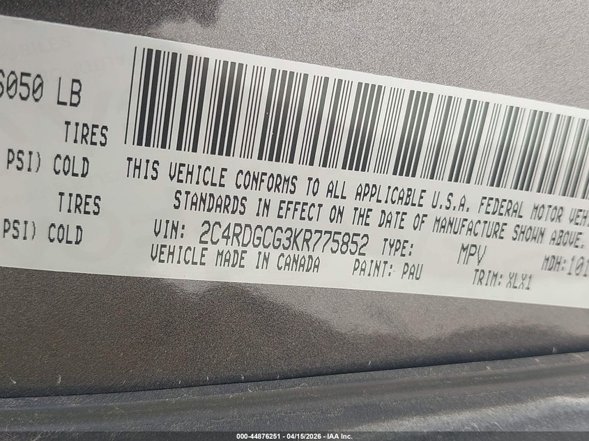 2019 Dodge Grand Caravan Sxt VIN: 2C4RDGCG3KR775852 Lot: 44876251