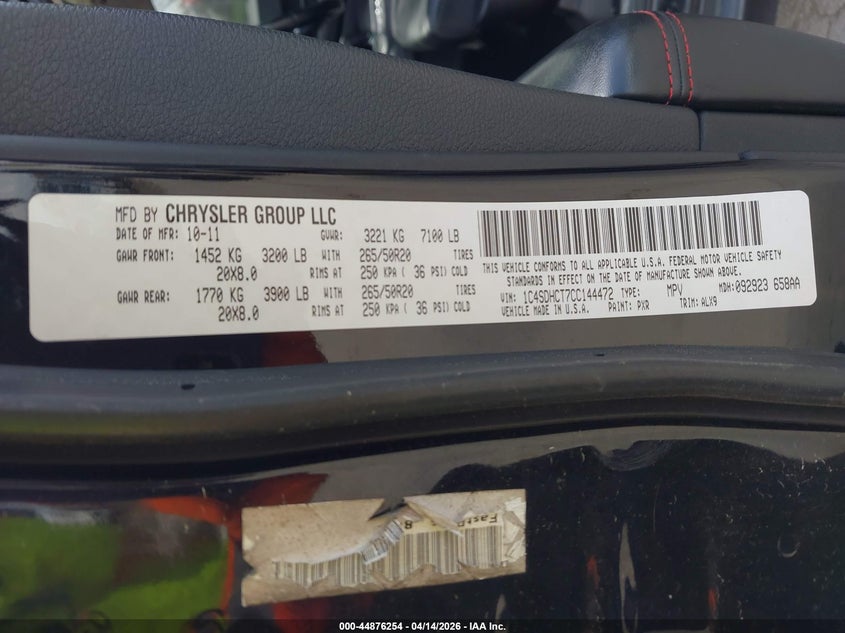 2012 Dodge Durango R/T VIN: 1C4SDHCT7CC144472 Lot: 44876254