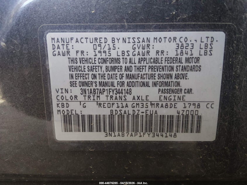 2015 Nissan Sentra Sv VIN: 3N1AB7AP1FY344148 Lot: 44876285