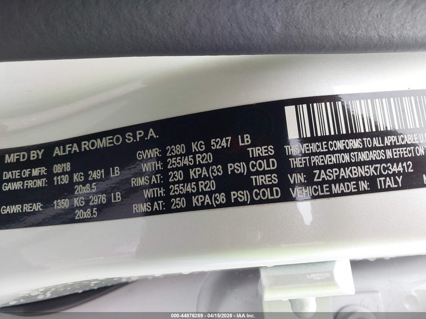 2019 Alfa Romeo Stelvio Ti Sport Awd VIN: ZASPAKBN5K7C34412 Lot: 44876289
