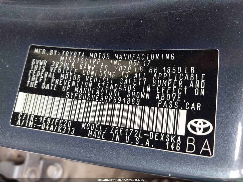 2017 Toyota Corolla Se VIN: 5YFBURHE9HP691869 Lot: 44876291