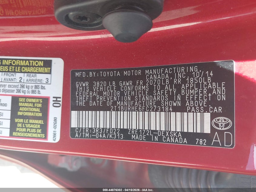 2015 Toyota Corolla S Plus VIN: 2T1BURHE6FC273184 Lot: 44876302