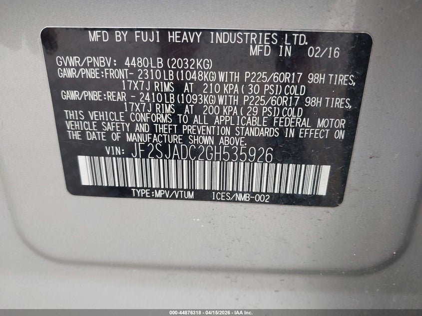 2016 Subaru Forester 2.5I Premium VIN: JF2SJADC2GH535926 Lot: 44876318