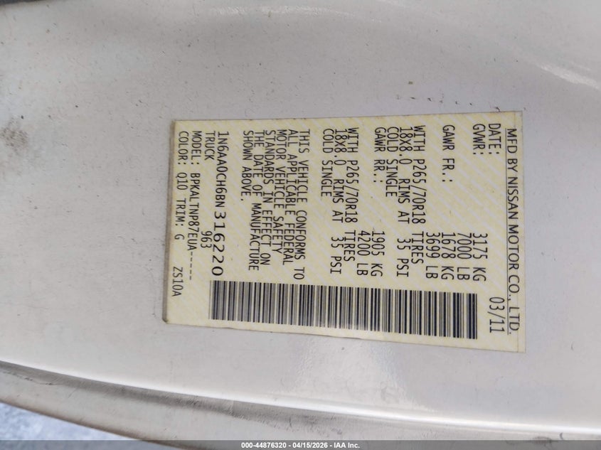 2011 Nissan Titan Sv VIN: 1N6AA0CH6BN316220 Lot: 44876320