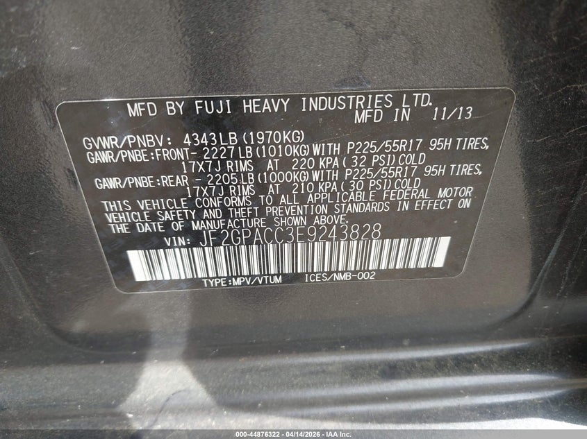 2014 Subaru Xv Crosstrek 2.0I Premium VIN: JF2GPACC3E9243828 Lot: 44876322